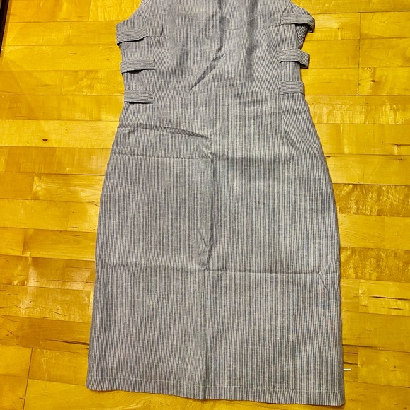 Linen Pinstripe Dress Stripe Blue Chambray Fitted Designer Discontinued Rare Art - Picture 2 of 5